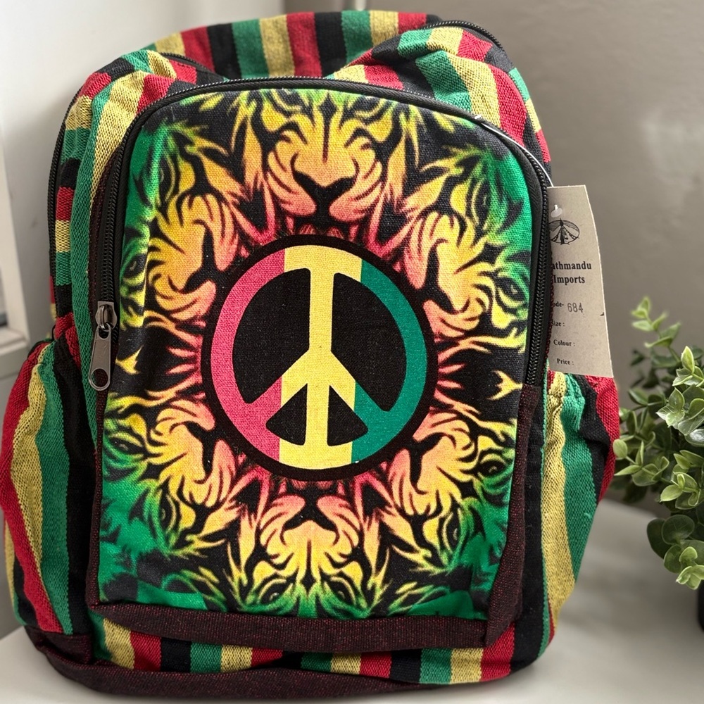 Kathmandu Cotton Backpack w/ Jamaica Colors, Lion + Peace Sign Bob Marley Vibes